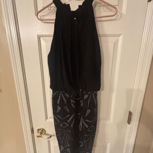 Vince Camuto Black Halter Midi Dress with Silver Sequin Geometric Skirt